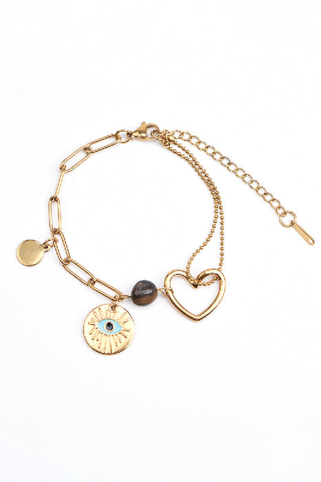 Adjustable gold-plated stainless steel bracelet with tiger's eye, heart charm, and eye charm