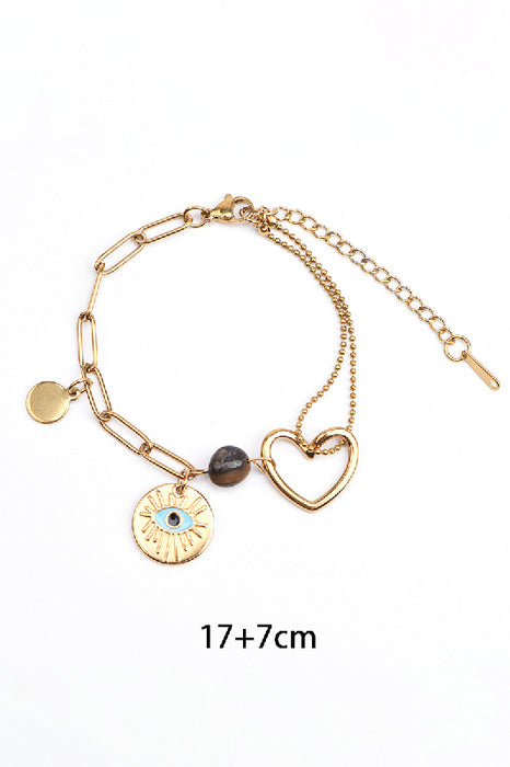 Adjustable gold-plated stainless steel bracelet with tiger's eye, heart charm, and eye charm
