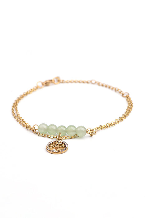 Adjustable gold-plated stainless steel bracelet with green jade and tree of life charm