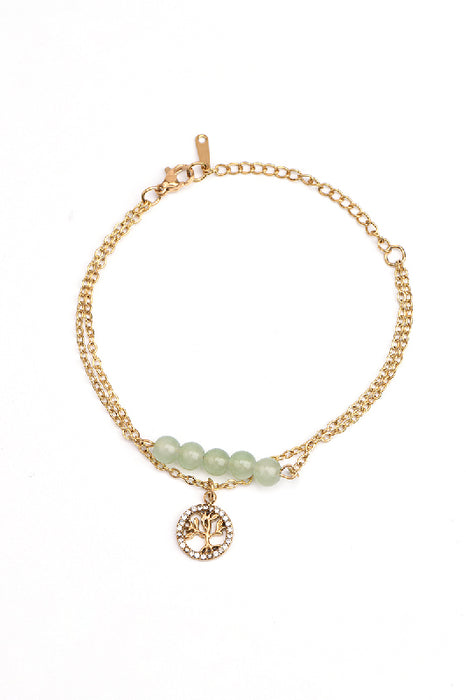 Adjustable gold-plated stainless steel bracelet with green jade and tree of life charm