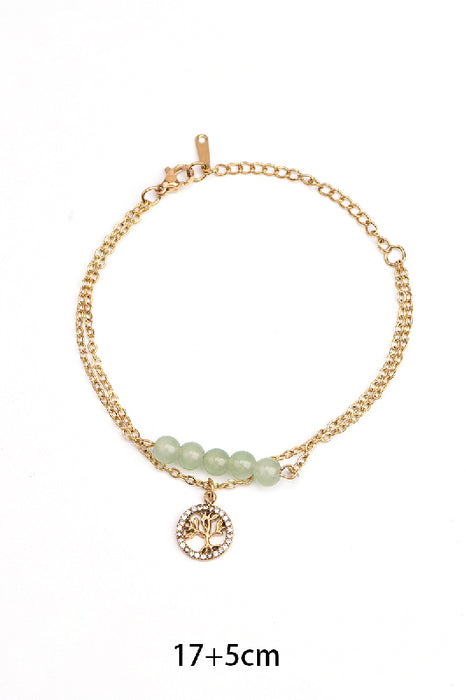 Adjustable gold-plated stainless steel bracelet with green jade and tree of life charm