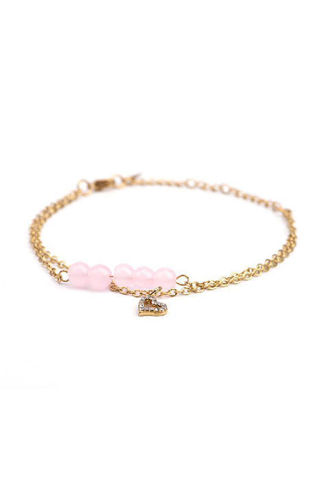 Adjustable gold-plated stainless steel bracelet with pink jade and heart pendant adorned with cubic zirconia
