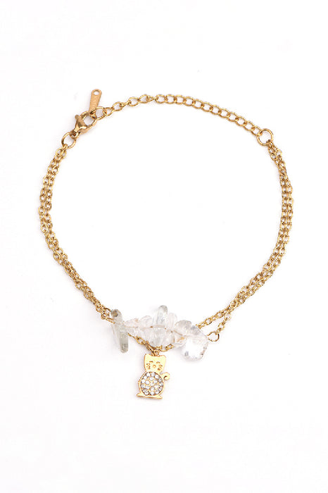 Adjustable gold-plated stainless steel bracelet with crystal quartz, lucky cat charm, and zirconia