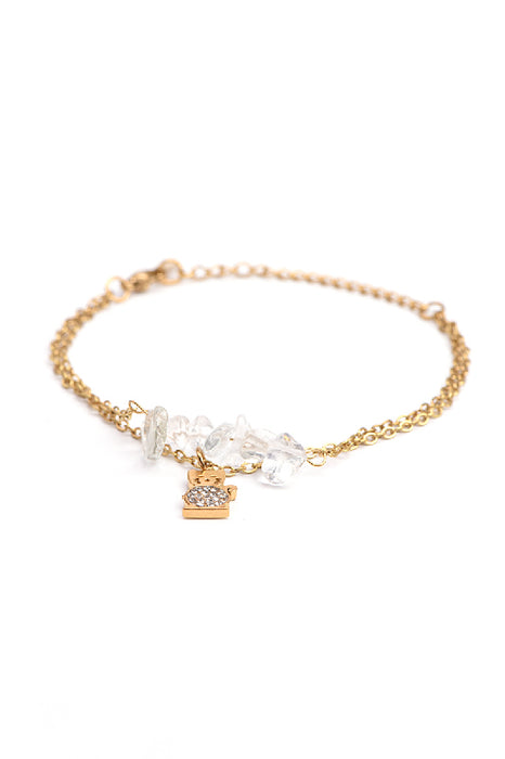 Adjustable gold-plated stainless steel bracelet with crystal quartz, lucky cat charm, and zirconia