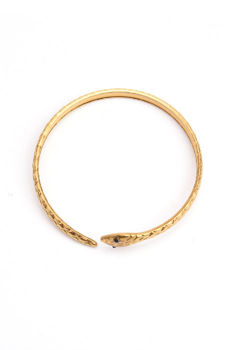 Bracelet jonc ajustable en acier inoxydable plaqué or serpent nervuré œil noir