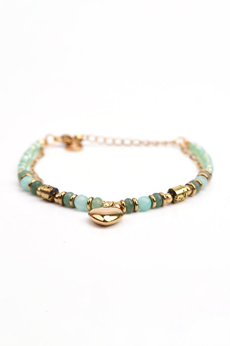 Bracelet acier inoxydable doré réglable jade vert, cristal facetté avec pendentif cœur