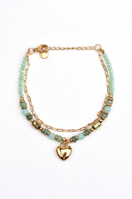 Bracelet acier inoxydable doré réglable jade vert, cristal facetté avec pendentif cœur