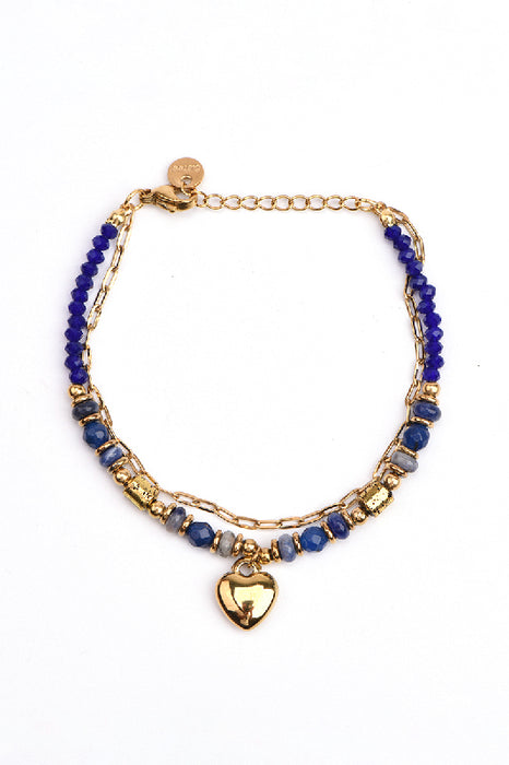 Bracelet en acier inoxydable doré ajustable sodalite, cristal facetté avec pendentif cœur