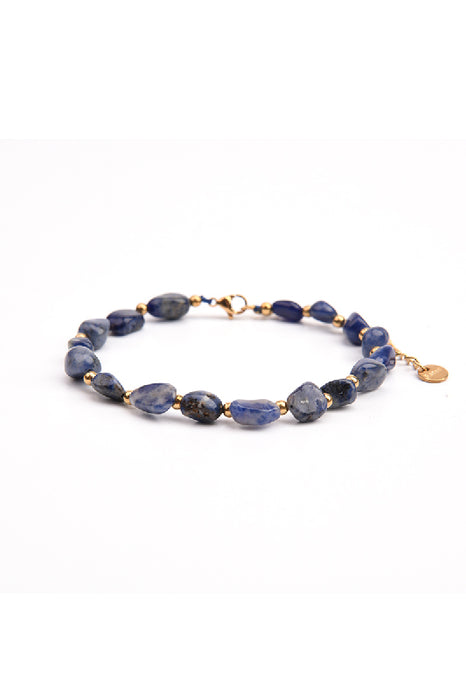 Bracelet acier inoxydable plaqué or ajustable pierres chips sodalite
