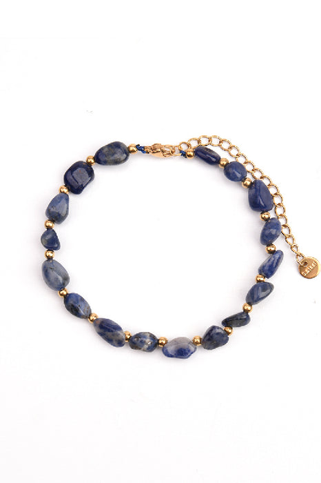Bracelet acier inoxydable plaqué or ajustable pierres chips sodalite