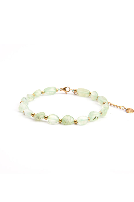 Bracelet acier inoxydable plaqué or ajustable pierres chips prehnite