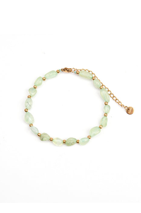 Bracelet acier inoxydable plaqué or ajustable pierres chips prehnite
