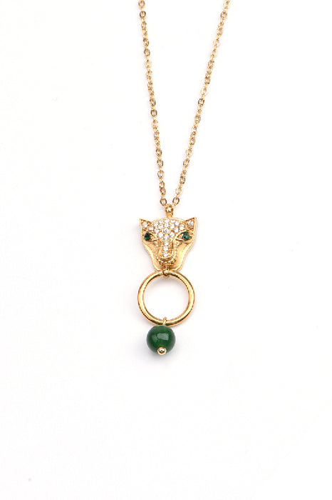 Kette Edelstahl vergoldet 42+5cm Leopardenkopf mit Zirkonia Klasse 5A und grüner Jade