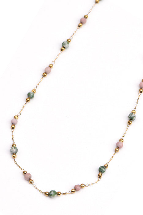 Kette Edelstahl vergoldet 40+5cm facettierter Rhodochrosit und Green Spot Stone