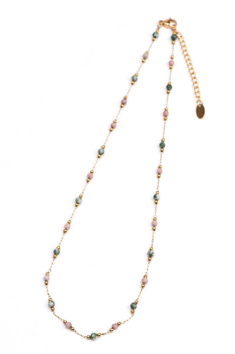 Kette Edelstahl vergoldet 40+5cm facettierter Rhodochrosit und Green Spot Stone