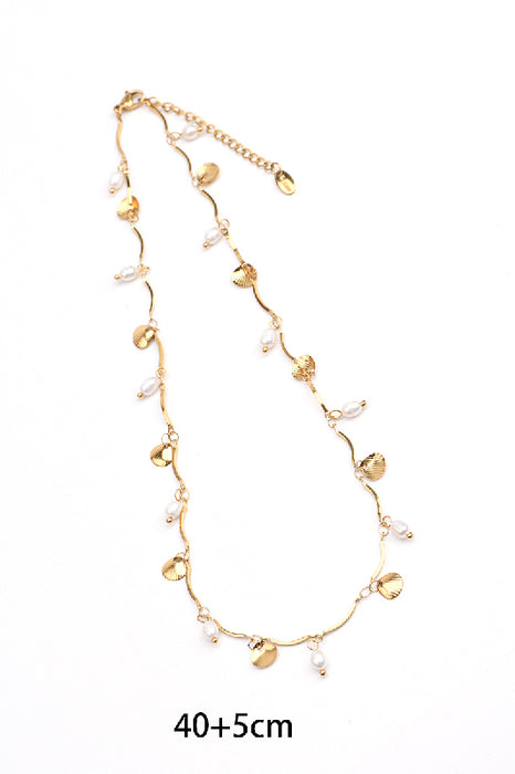 Gold-plated stainless steel necklace 40+5cm with freshwater pearls and gold-colored seashells