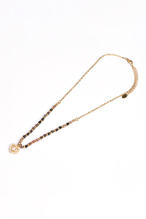 Kette Edelstahl vergoldet 40+5cm Rhodonit mit Herzanhänger Zirkonia Klasse 5A