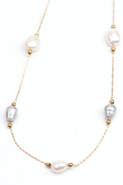 Collier acier inoxydable plaqué or 40+5cm perles d'eau douce blanches et grises