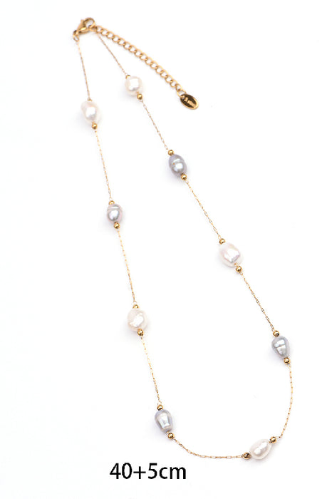 Collier acier inoxydable plaqué or 40+5cm perles d'eau douce blanches et grises