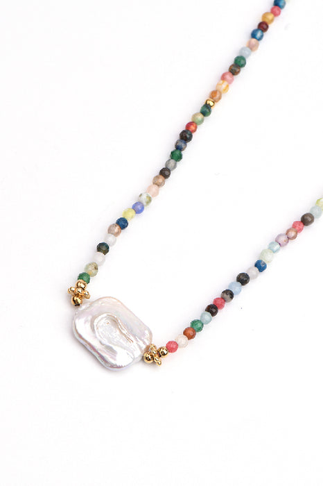 Kette Edelstahl vergoldet 43+5cm Regenbogen Steine und  Süsswasserperle