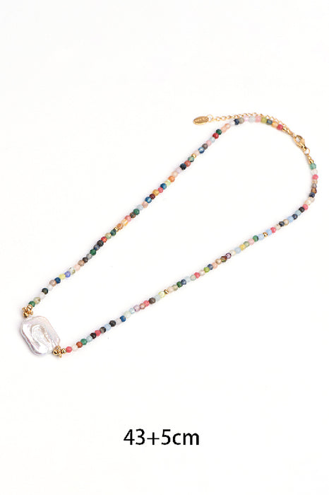 Kette Edelstahl vergoldet 43+5cm Regenbogen Steine und  Süsswasserperle