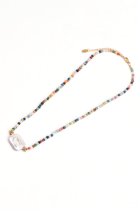 Kette Edelstahl vergoldet 43+5cm Regenbogen Steine und  Süsswasserperle