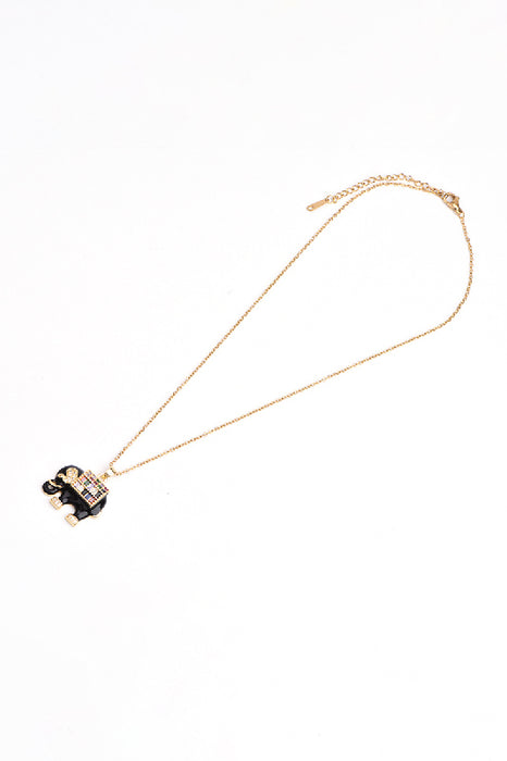 Chaîne en acier inoxydable plaqué or 41+6cm Éléphant émaillé noir avec oxyde de zirconium grade 5A