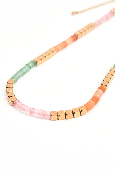 Kette Edelstahl vergoldet 40+7cm grüner und oranger Aventurin und Kirschquarz