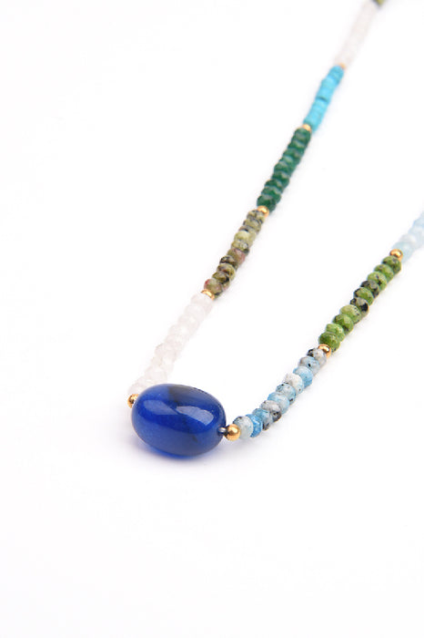 Kette Edelstahl vergoldet 45+5cm blauer Achat, weisser Jaspis, Ruby Zoisit, blauer Jaspis, blaue Jade