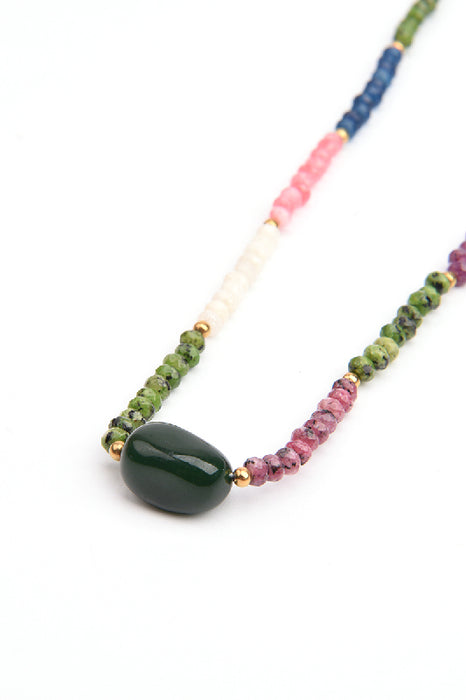 Gold-plated stainless steel necklace 45+5cm ruby, ruby zoisite, pink rhodochrosite, white jasper, green jade