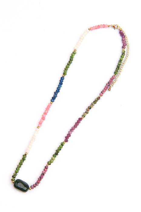 Gold-plated stainless steel necklace 45+5cm ruby, ruby zoisite, pink rhodochrosite, white jasper, green jade