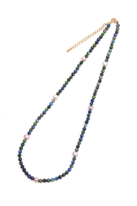 Kette Edelstahl vergoldet 43+5cm facettierter Azurit, Süsswasser Perlen