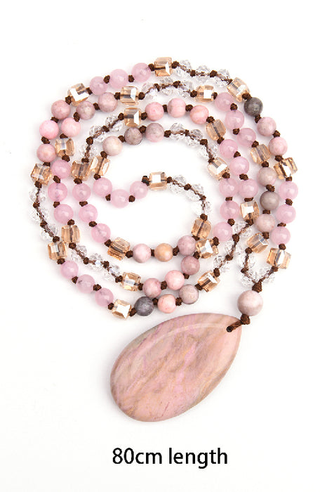 Gemstone necklace 80cm - 6mm rose quartz, pink zebra jasper and faceted crystal beads with rhodochrosite pendant 3x5cm