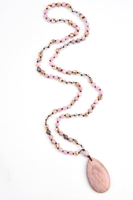 Gemstone necklace 80cm - 6mm rose quartz, pink zebra jasper and faceted crystal beads with rhodochrosite pendant 3x5cm