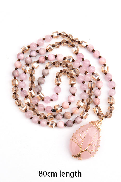 Edelsteinkette 80cm - 6mm Rosenquarz, pinker Zebra Jaspis und facettierten Kristallperlen mit Anhänger Rosenquarz 2.5x4cm