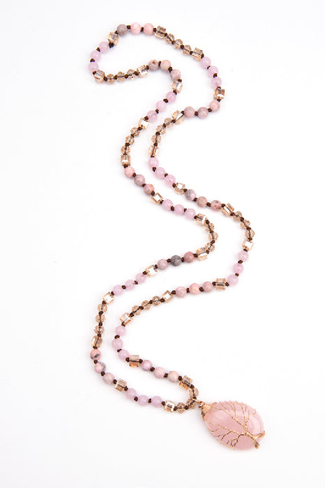Edelsteinkette 80cm - 6mm Rosenquarz, pinker Zebra Jaspis und facettierten Kristallperlen mit Anhänger Rosenquarz 2.5x4cm