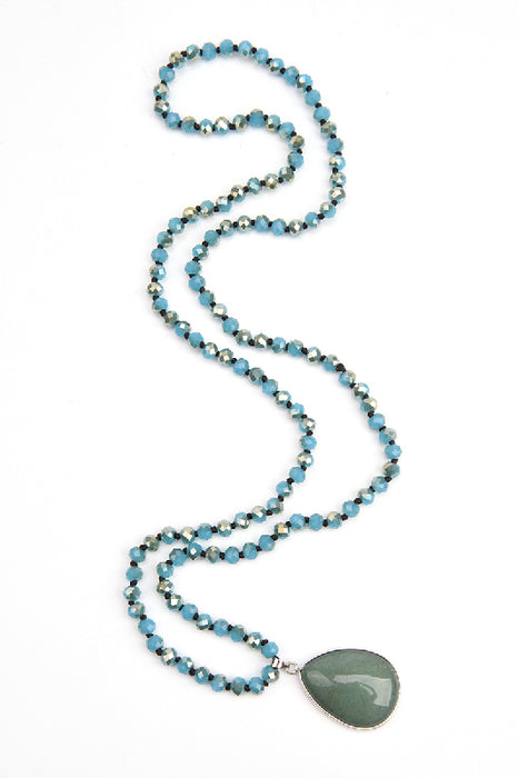 Kette 80cm - 6mm facettierte Kristallperlen grün und Anhänger grüner Aventurin 2.5x4cm
