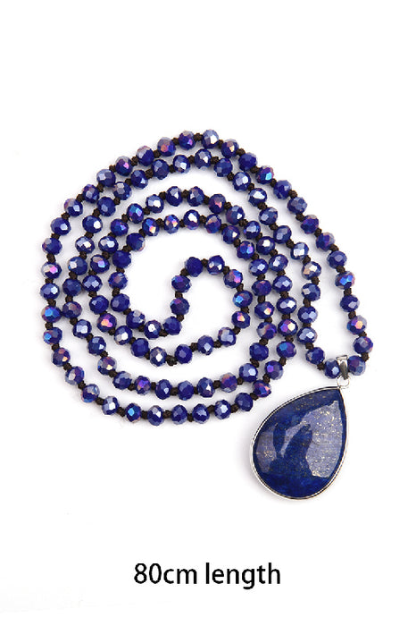 Kette 80cm - 6mm facettierte Kristallperlen blau und Anhänger Lapis Lazuli 2.5x4cm