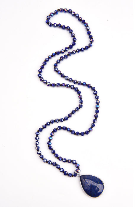 Kette 80cm - 6mm facettierte Kristallperlen blau und Anhänger Lapis Lazuli 2.5x4cm