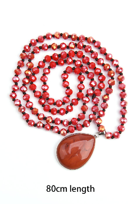 Kette 80cm - 6mm facettierte Kristallperlen rot und Anhänger roter Jaspis 2.5x4cm