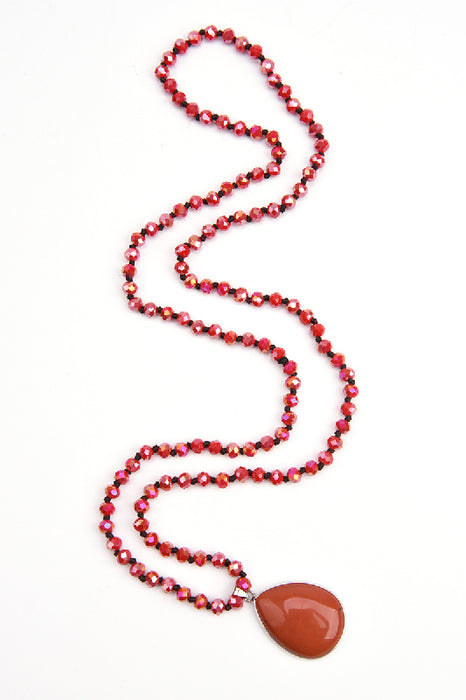 Kette 80cm - 6mm facettierte Kristallperlen rot und Anhänger roter Jaspis 2.5x4cm