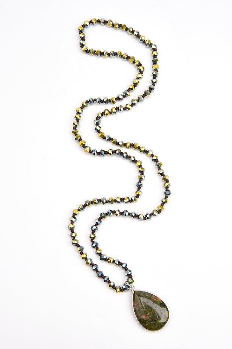Kette 80cm - 6mm facettierte Kristallperlen grün/braun und Anhänger Unakit 2.5x4cm