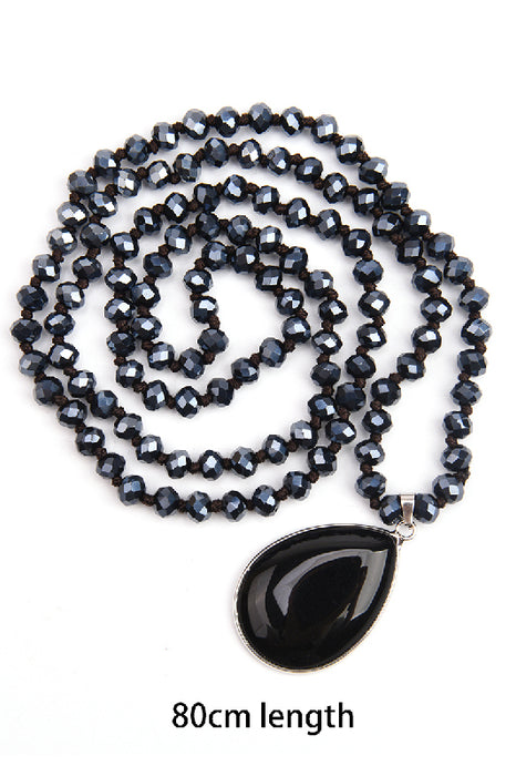 Kette 80cm - 6mm facettierte Kristallperlen schwarz und Anhänger schwarzer Onyx 2.5x4cm