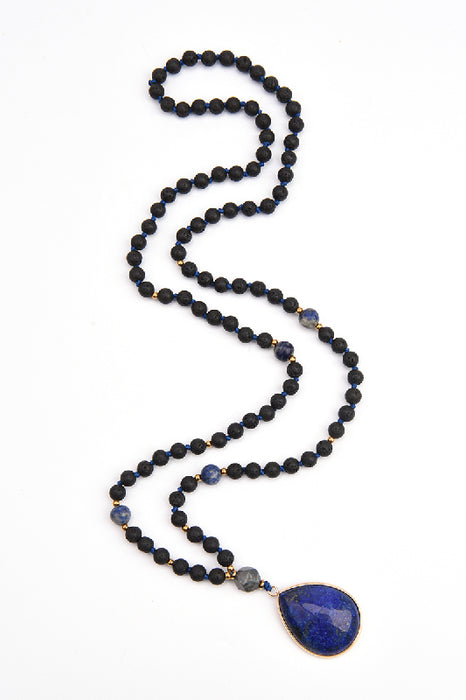 Edelsteinkette 80cm - 6mm Lavastein, 8mm Lapis Lazuli und Anhänger Lapis Lazuli Anhänger 2.5x3.5cm
