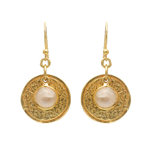 IMAGE_MANQUANTE_Boucle d'oreille laiton doré pierre de lune ronde, pastille martelée