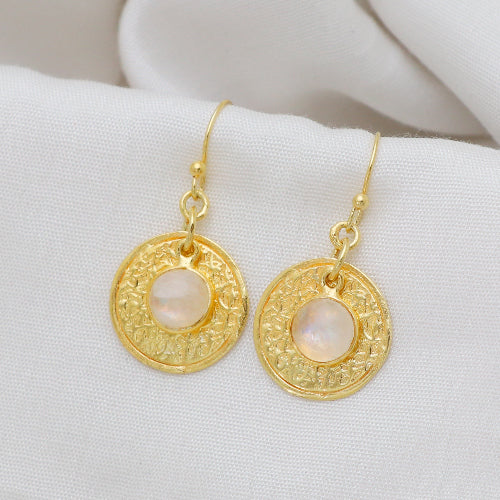 IMAGE_MANQUANTE_Boucle d'oreille laiton doré pierre de lune ronde, pastille martelée