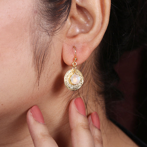 IMAGE_MANQUANTE_Boucle d'oreille laiton doré pierre de lune ronde, pastille martelée