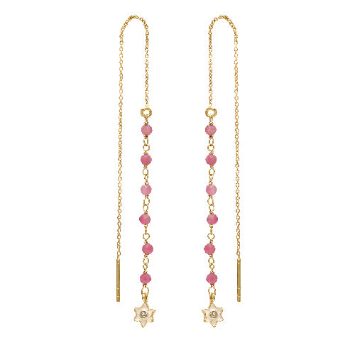 IMAGE_MANQUANTE_Boucle d'oreille laiton doré, brin avec 6 perles tourmaline rose et cœur