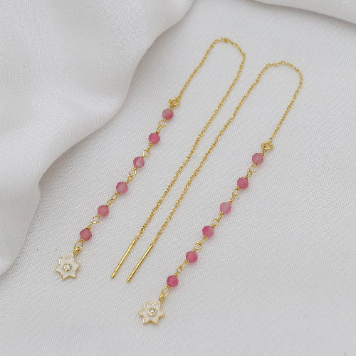IMAGE_MANQUANTE_Boucle d'oreille laiton doré, brin avec 6 perles tourmaline rose et cœur
