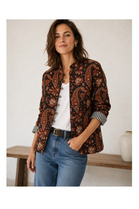 Veste coton réversible - motif cachemire noir/brun/beige - rayures noir/blanc - Taille Unique
